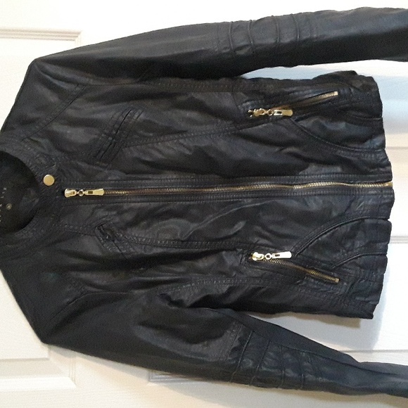 Faux Leather dark Navy Moto Jacket Bought in Italy - Quality! Vegan Gold zip S - Picture 5 of 15